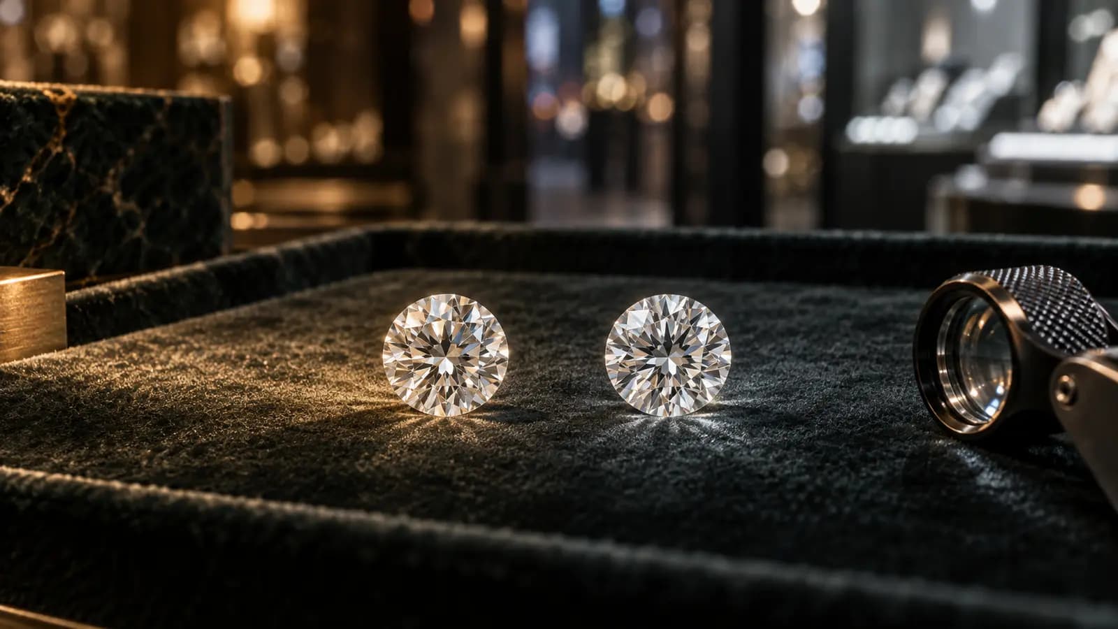 Two polished diamonds under contrasting warm and cool lighting on a jeweler’s examination surface.